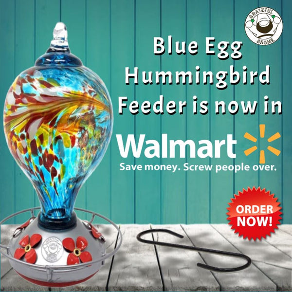 Blue Egg with Flowers Blown Glass Hummingbird Feeder