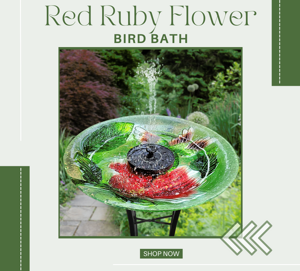 Featured Product: Red Ruby Flower Glass Bird Bath with Stand and Solar Fountain