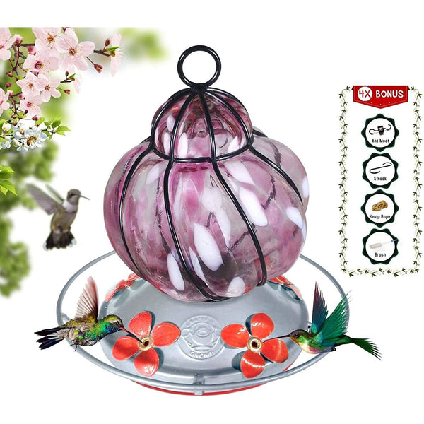 5-star-review-caged-pink-flower-hummingbird-feeder-hand-blown-glass-16-fluid-ounces-free-accessory-pack