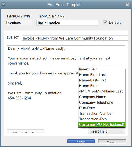 QuickBooks 2020 change-add po numbers