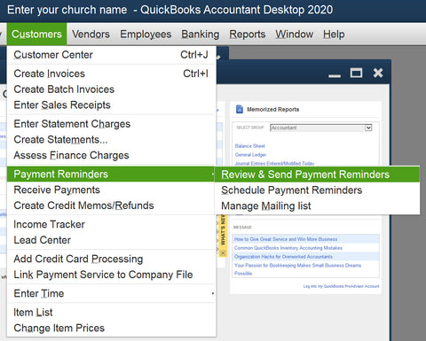 QuickBooks 2020 change-schedule customer reminders