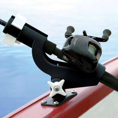 Wise 6040 Rod Tender flush mounted to boat. Securely holds fishing poles in place