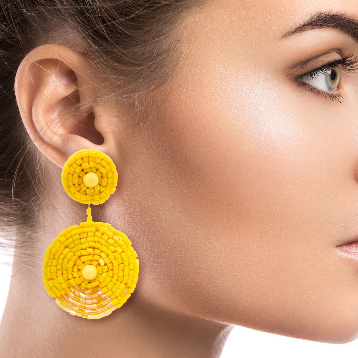 Yellow Embroidered Bead Earrings