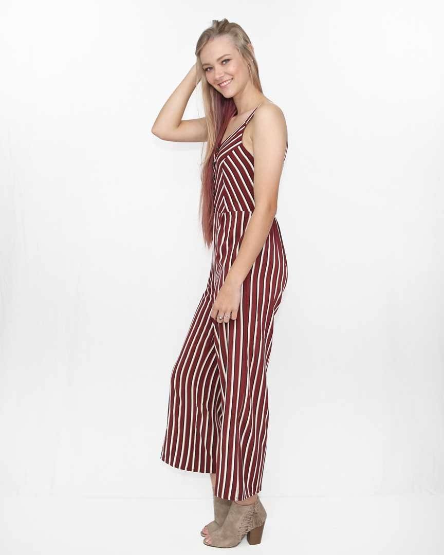 v neck striped jumpsuit