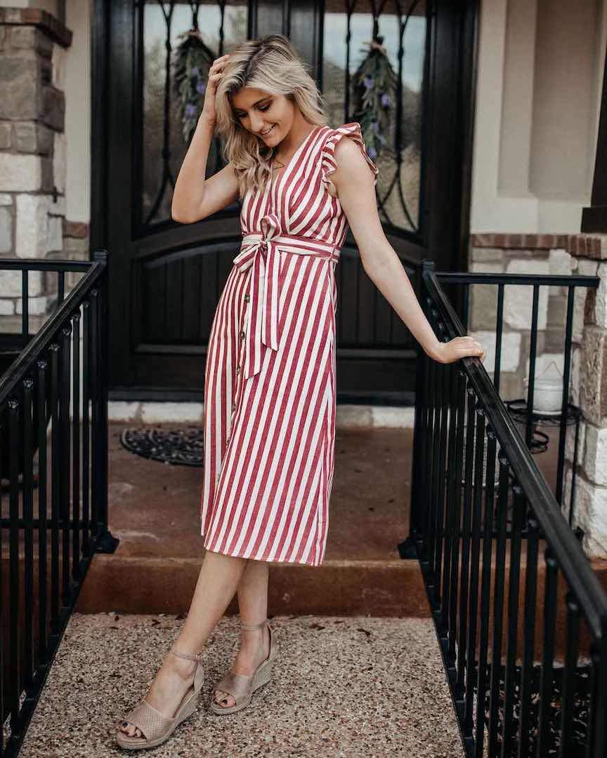 red and white pinstripe dress