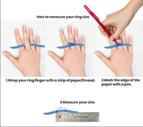 size your ring size by using a strip of paper to measure around your finger, then measure the paper length and compare to standard ring sizes