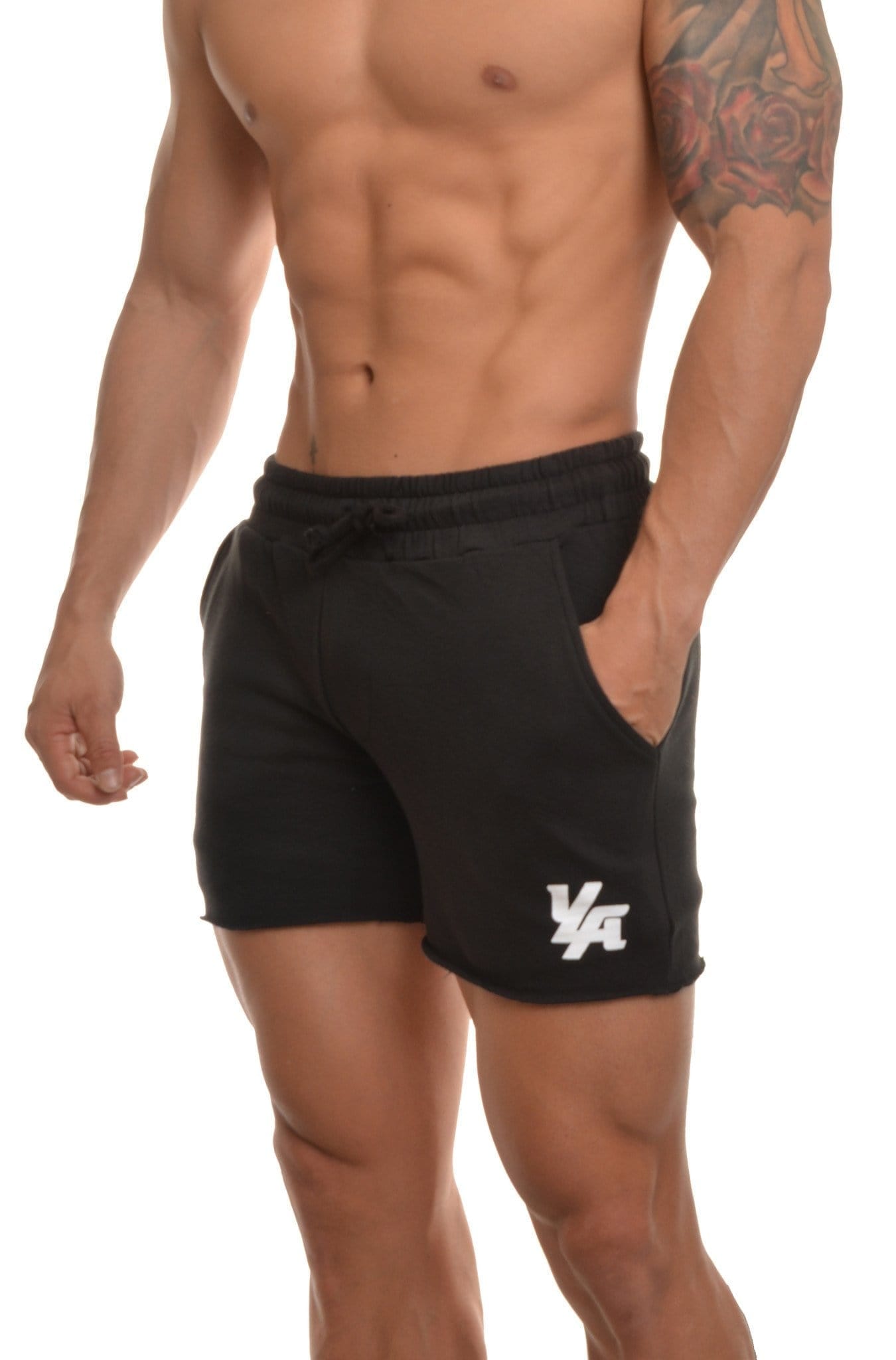 Mens Gym Shorts Black Bodybuilding w/ Pockets Athletic Cotton Workout