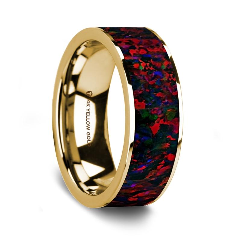 Red Black Opal Inlay Yellow Gold 14K Wedding Ring, Flat –