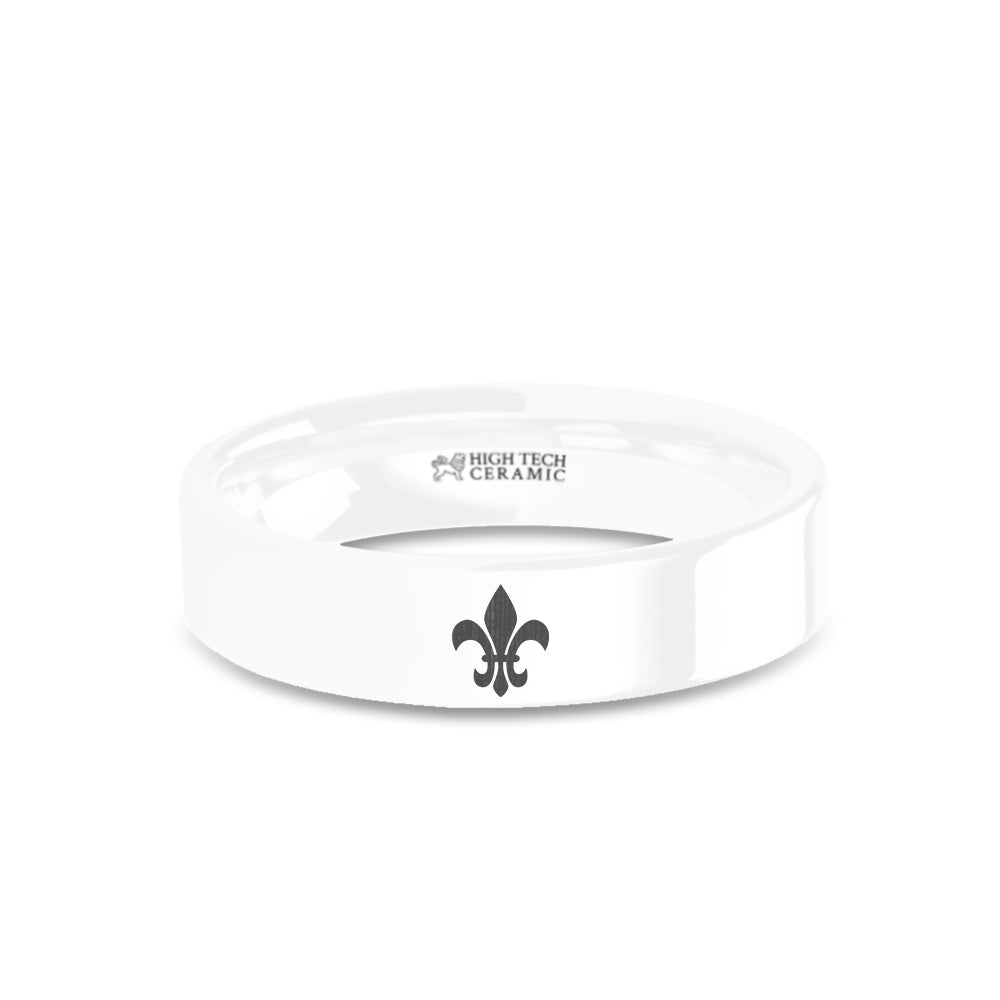 Fleur de Lis Symbol Laser Engraved White Ceramic Wedding Ring