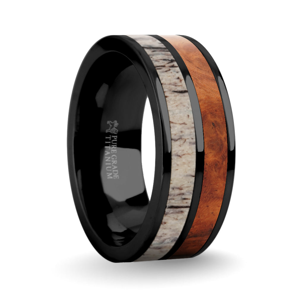 Rosewood Burl, Deer Antler Inlay Black Titanium Wedding Ring