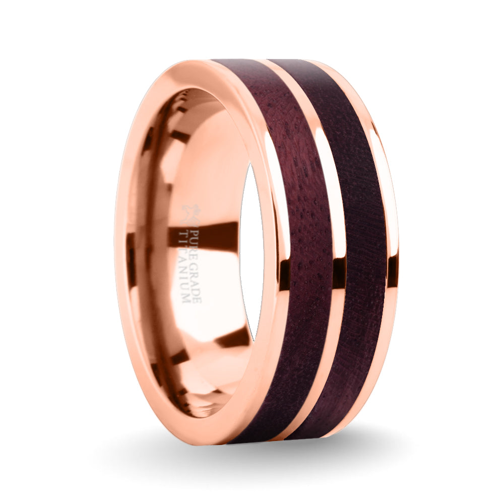 Deep Purpleheart Wood Inlay Rose Gold Titanium Wedding Ring