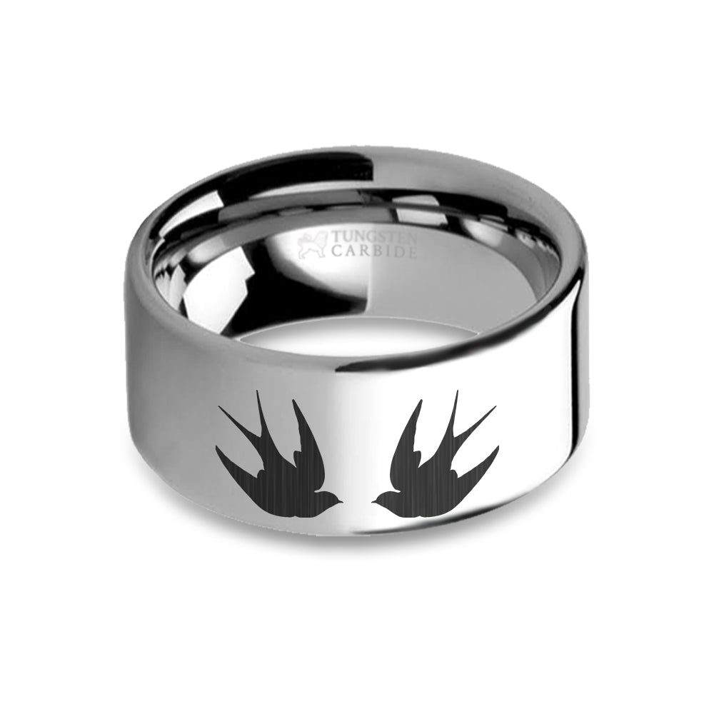 Swallows Birds Laser Engraved Tungsten Wedding Ring, Polished