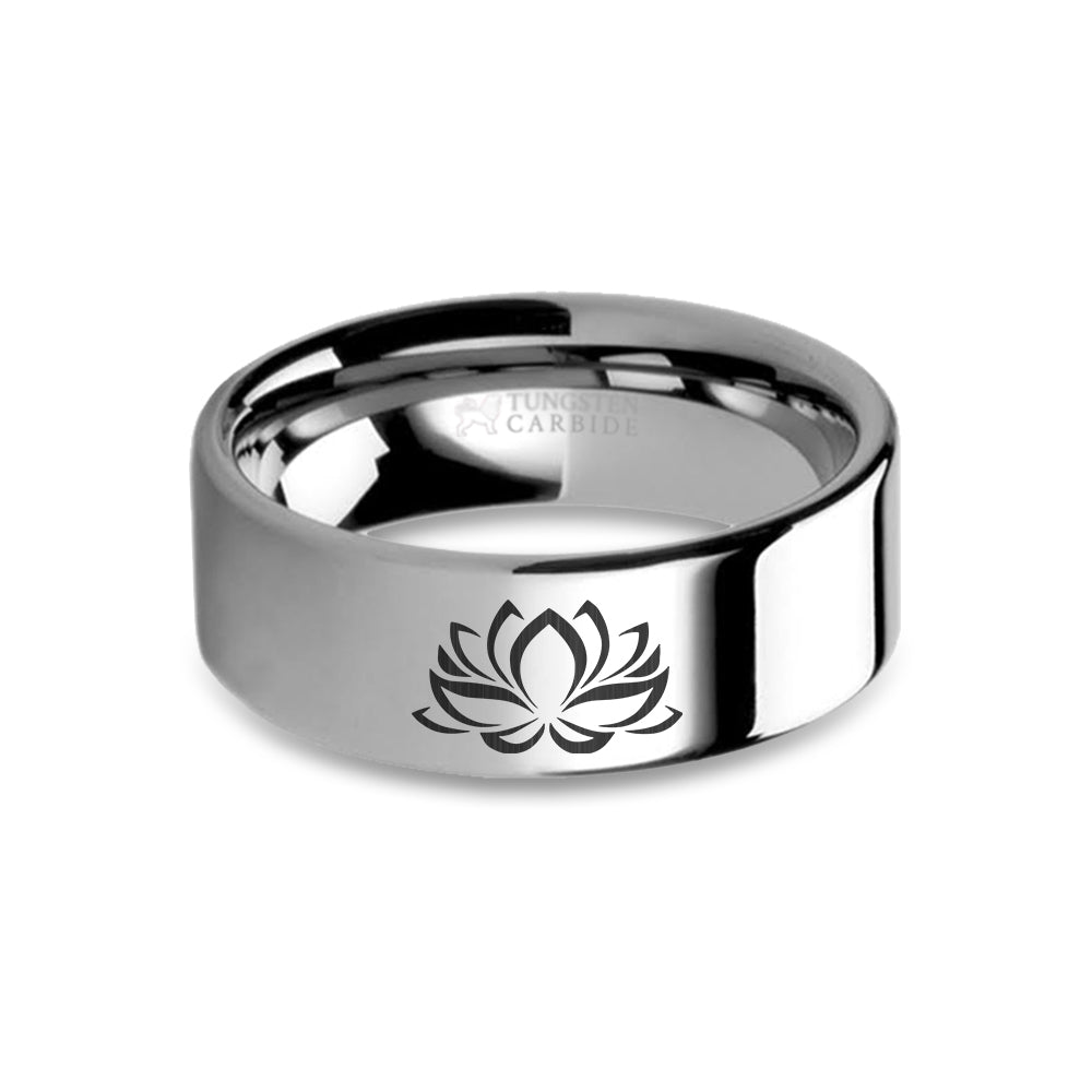 Lotus Flower Zen Laser Engraved Tungsten Wedding Ring, Polished