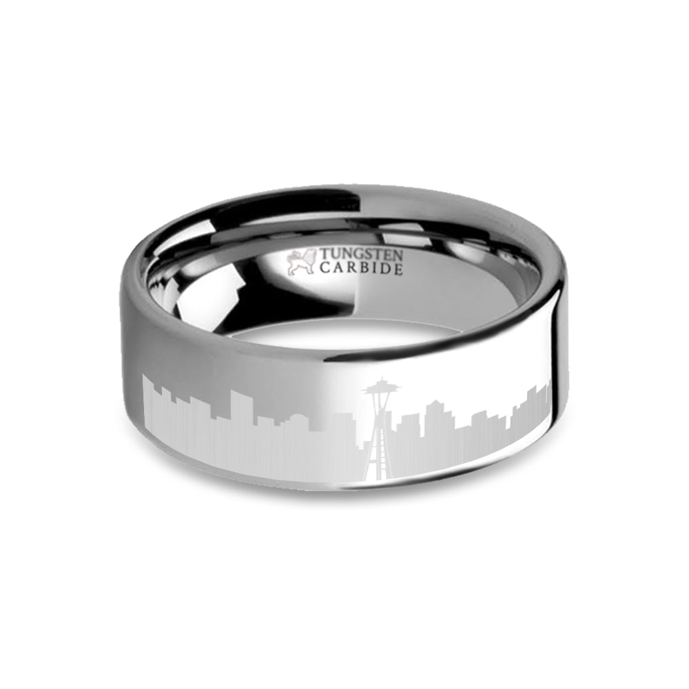 Seattle City Skyline Cityscape Laser Engraved Tungsten Ring