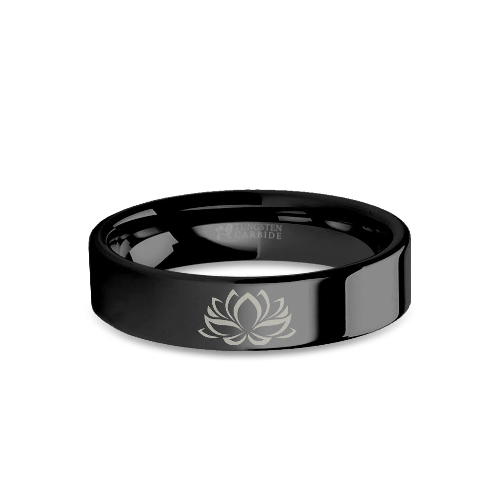 Lotus Flower Zen Engraved Black Tungsten Wedding Ring, Polished