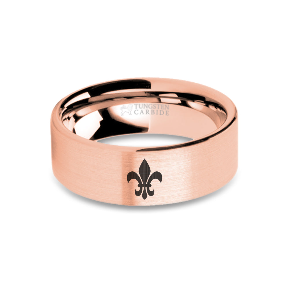 Fleur de Lis Symbol Engraving Rose Gold Tungsten Ring, Brushed