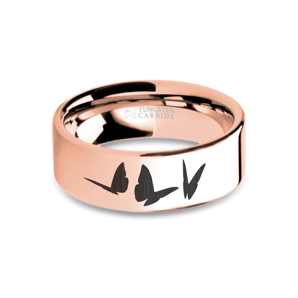 Butterflies Insect Engraved Rose Gold Tungsten Ring, Polished