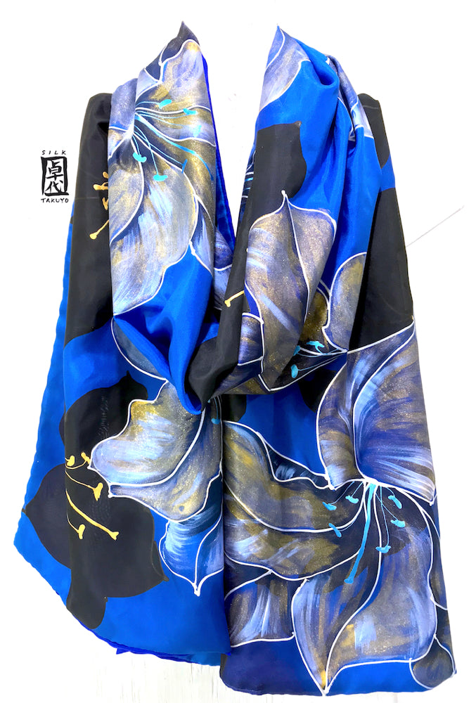Blue Silk Shawl Wrap, Reversible Kimono Lily