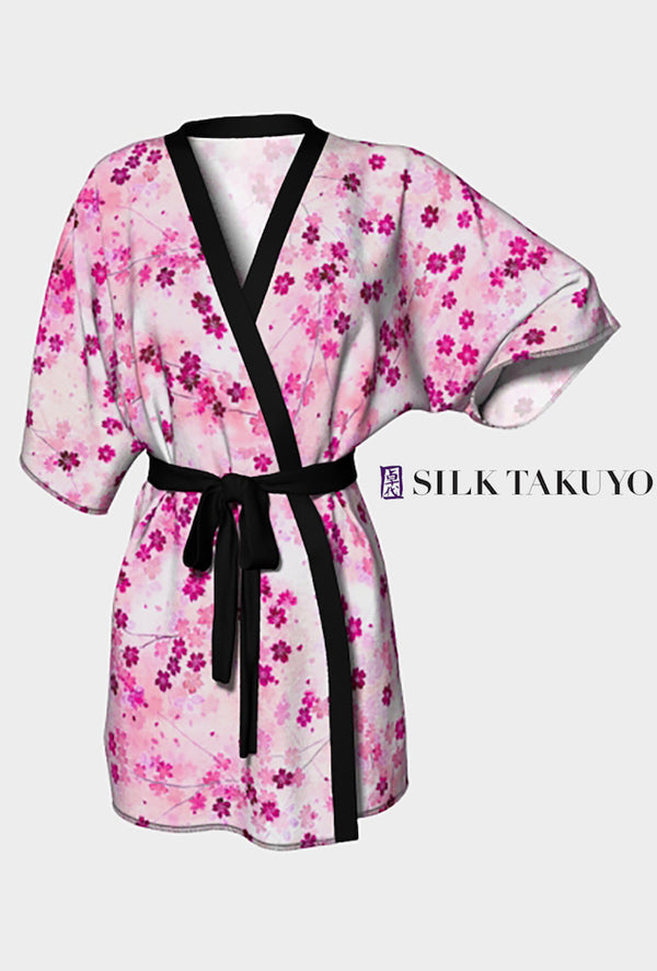 Long Silk Kimono Robe Luxury Black Cherry Blossom Prints with Belt All