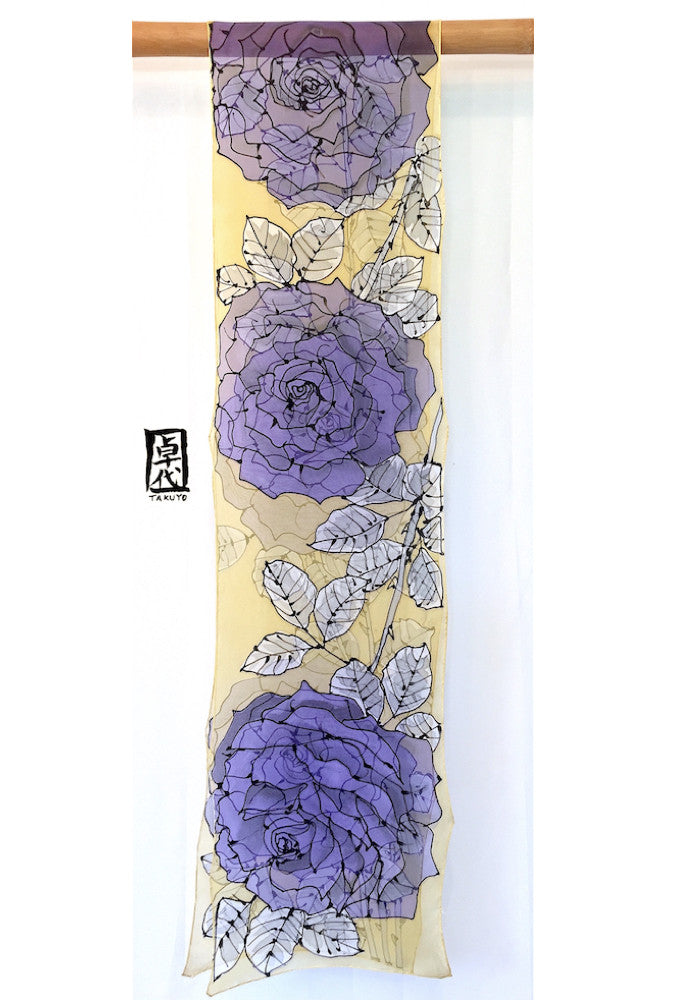 Long Chiffon Scarf Yellow, Purple Roses