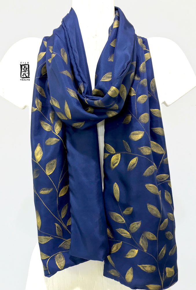 Womens Reversible Silk Scarf, Navy Blue 