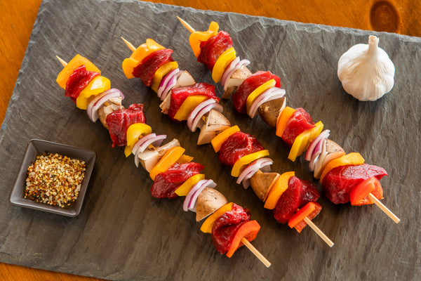 american ostrich farms-ostrich meat on kebabs with veggies