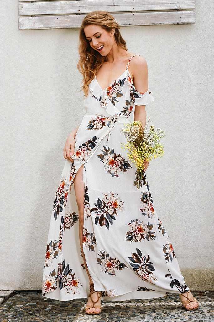 white floral v neck dress