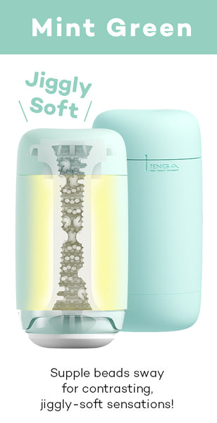 Cross-section of TENGA Puffy Mint Green internal details with the description: Supple beads sway for contrasting, jiggly-soft sensations!