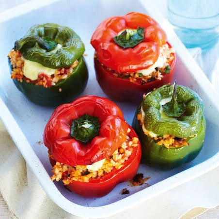 Stuffed capsicum with tomato and rice recipe vegan option