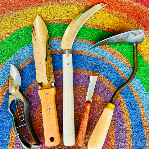 garden tools on mat