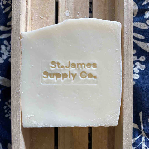 St James Supply Co everyday soap in a wooden soap dish