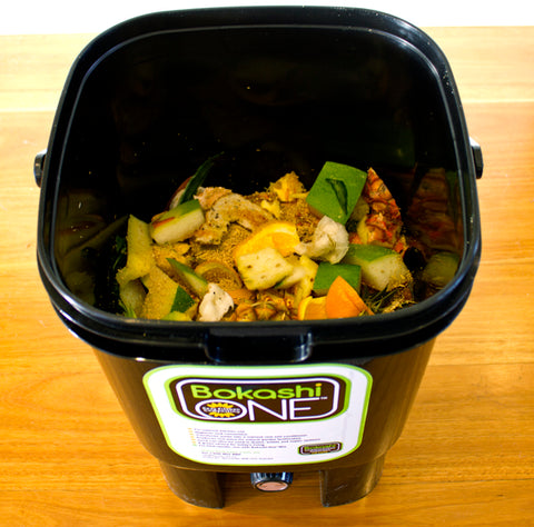 Black bokashi bucket with food waste