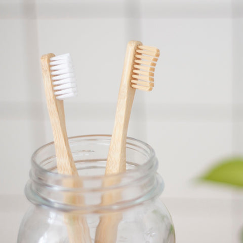 two bamboo toothbrushes in a jar