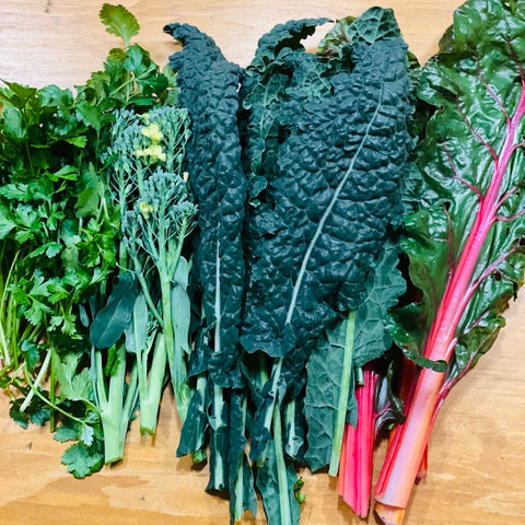 Chard, kale, parsley and broccoli leaves