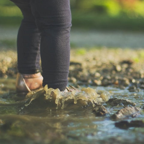 Child splashing in puddle