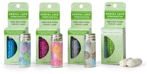 Zero waste silk dental floss in different coloured jars with refills