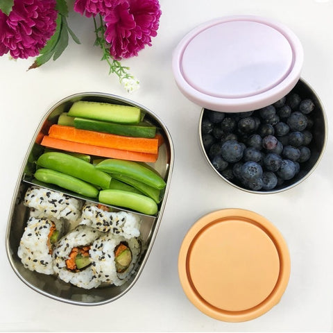 Bento lunchbox with sushie and vegetables and a pot of blueberries