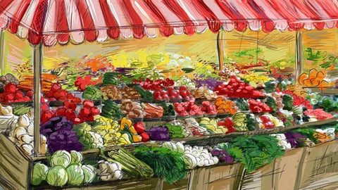 Painting of fruit and veg market stall