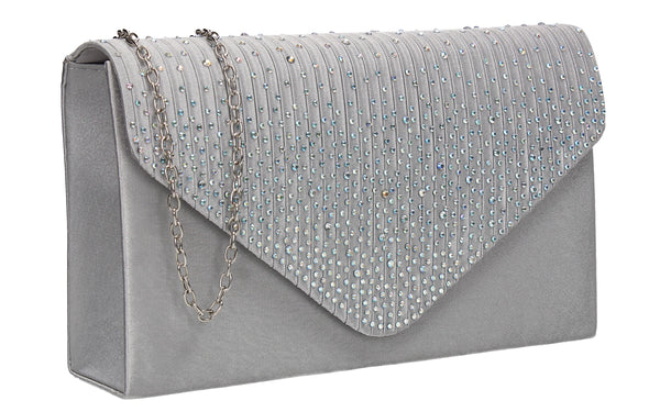 Abby Envelope Diamante Satin Silver Clutch Bag - SWANKYSWANS
