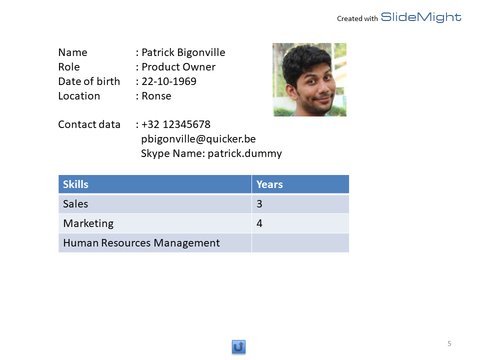 Member profile slide as generated by SlideMight