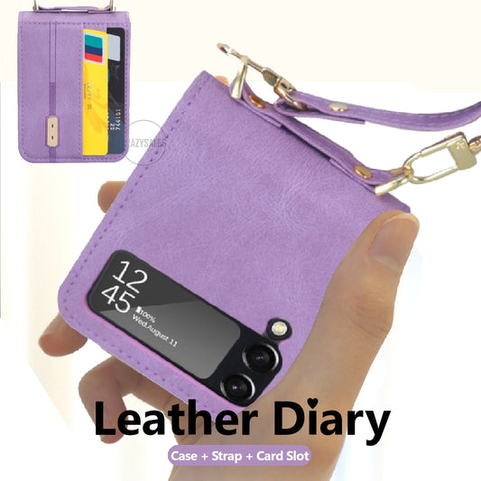 Leather Diary Card Slots Case with Hinge Covering + Shoulder Strap for Galaxy Z Flip 4 ( Flip4 5G )