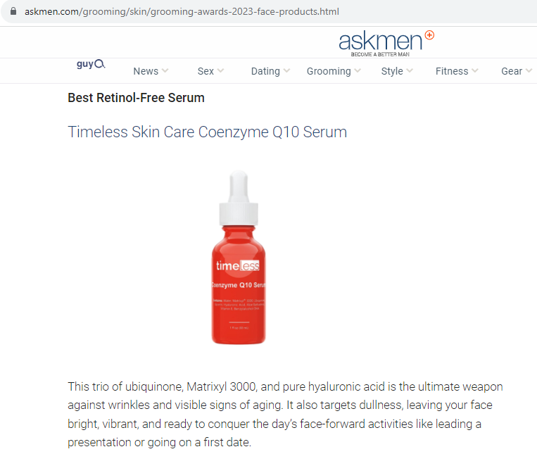 Timeless Coenzyme Q10 serum named as the Best Retinol-Free serum of 2023 by Askmen....! Read more for details!