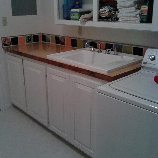 An accent strip blends Avente's Animal Tile with brightly colored plain tile to add fun to this utility room.