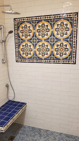 Barcelona La Ermita Spanish Tile Accent and Bench in Shower