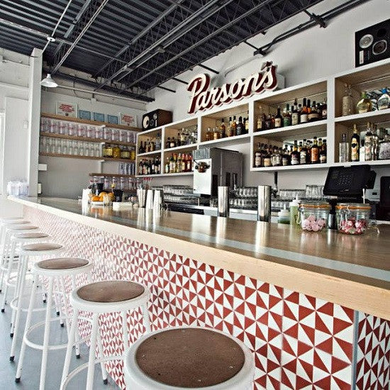 Cement tiles are used for the restaurant counter at Parson's Chicken & Fish in Chicago, IL