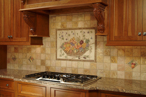 Fruit, vegetable and flowers are a classic kitchen theme for a kitchen backsplash.