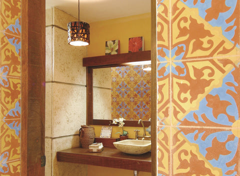 Heritage Traditional Alcala Cement Tile Adorns Powder Room Wall