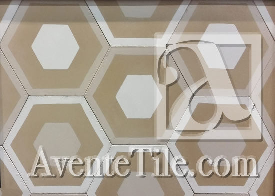 Honeycomb pattern is a hexagon tile format and was used in neutral colors for this wall.