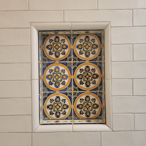 Detail of Tiled Shower Bench Showing Different Barcelona Border Tiles on Bench and Shower Floor