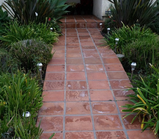 Powdery efflorescence appears as a white powder on this unsealed tile walk